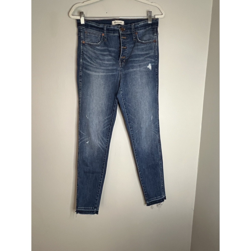 Madewell High Rise Skinny Jeans Blue Distressed Button Fly Released Hem 28